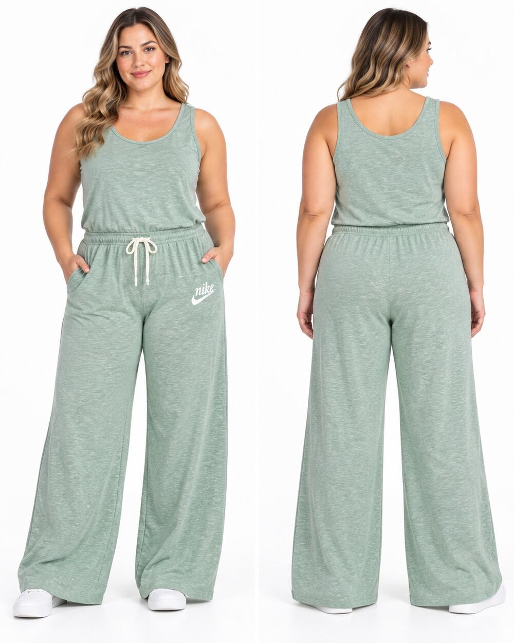 Nike Gym Vintage Jumpsuit Women's XXL Green Wide Leg Sleeveless Drawstring